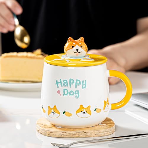 Urban Tokyo Shiba Inu Dog Mug Adorable Coffee Mug Ceramic Cup Novelty Mug with Lid and Stainless Steel Spoon 13 fl oz Japanaese Dog Breed (Happy Dog)
