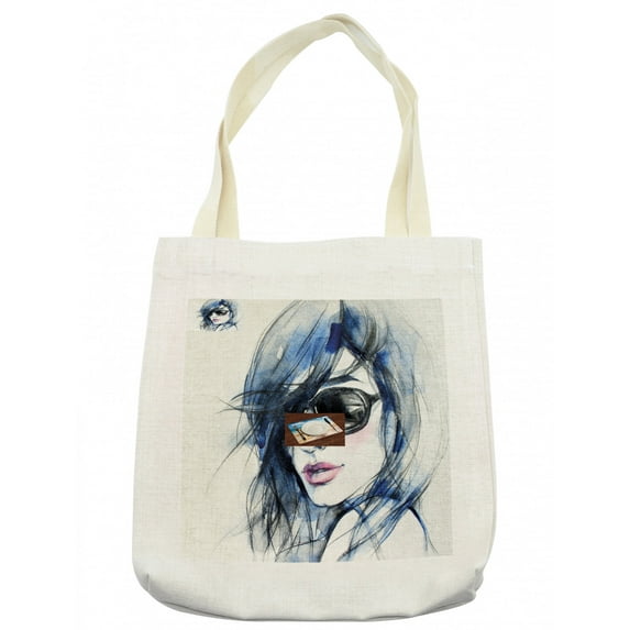 Urban Tote Bag, Woman with Sunglasses and Blue Hair Hand Drawn Art Watercolor Portrait, Cloth Linen Reusable Bag for Shopping Books Beach and More, 16.5" X 14", Cream, by Ambesonne