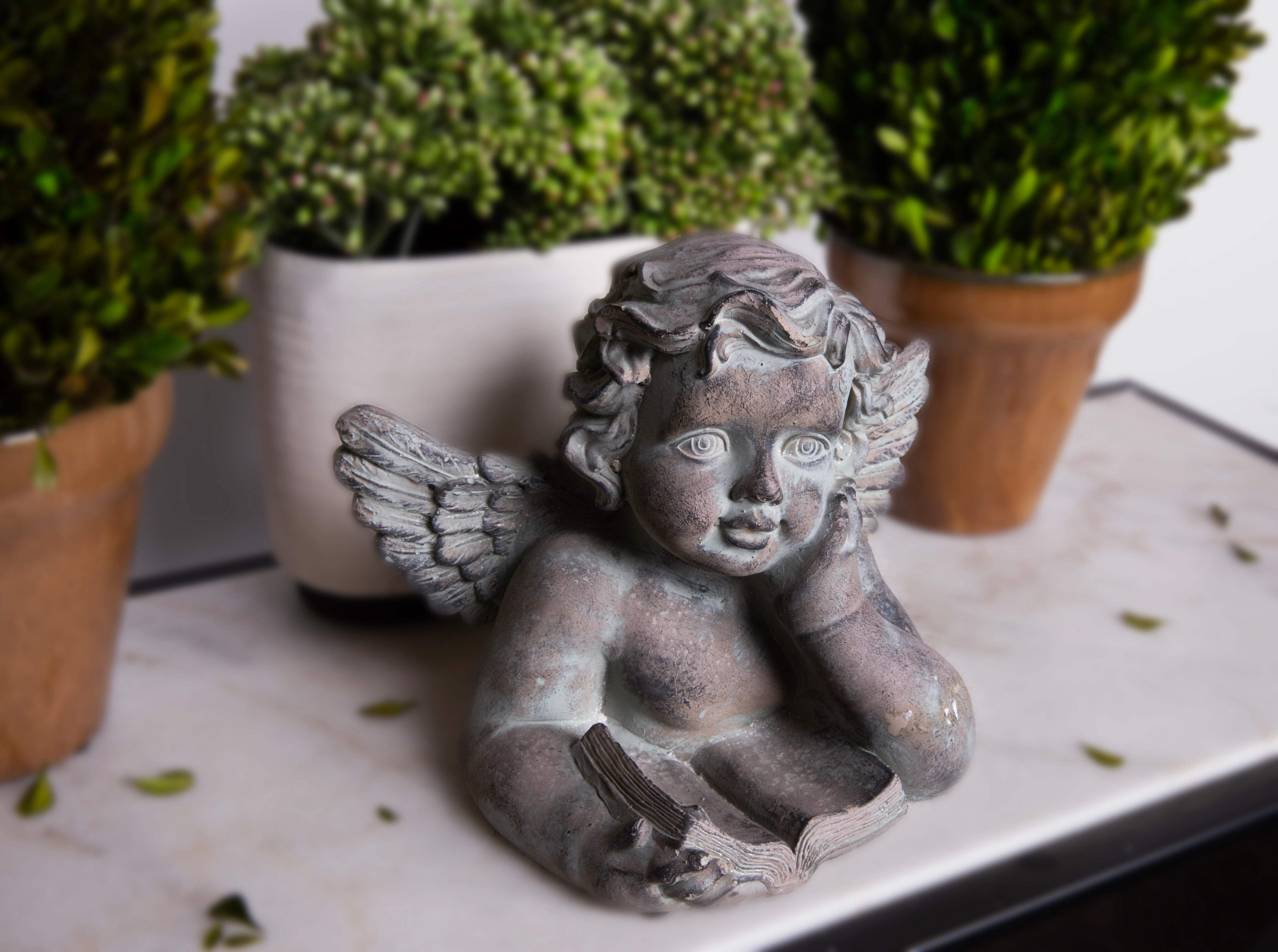 Cement Angel Reading Bust Figurine Antique Concrete Finish Green-8.00"H