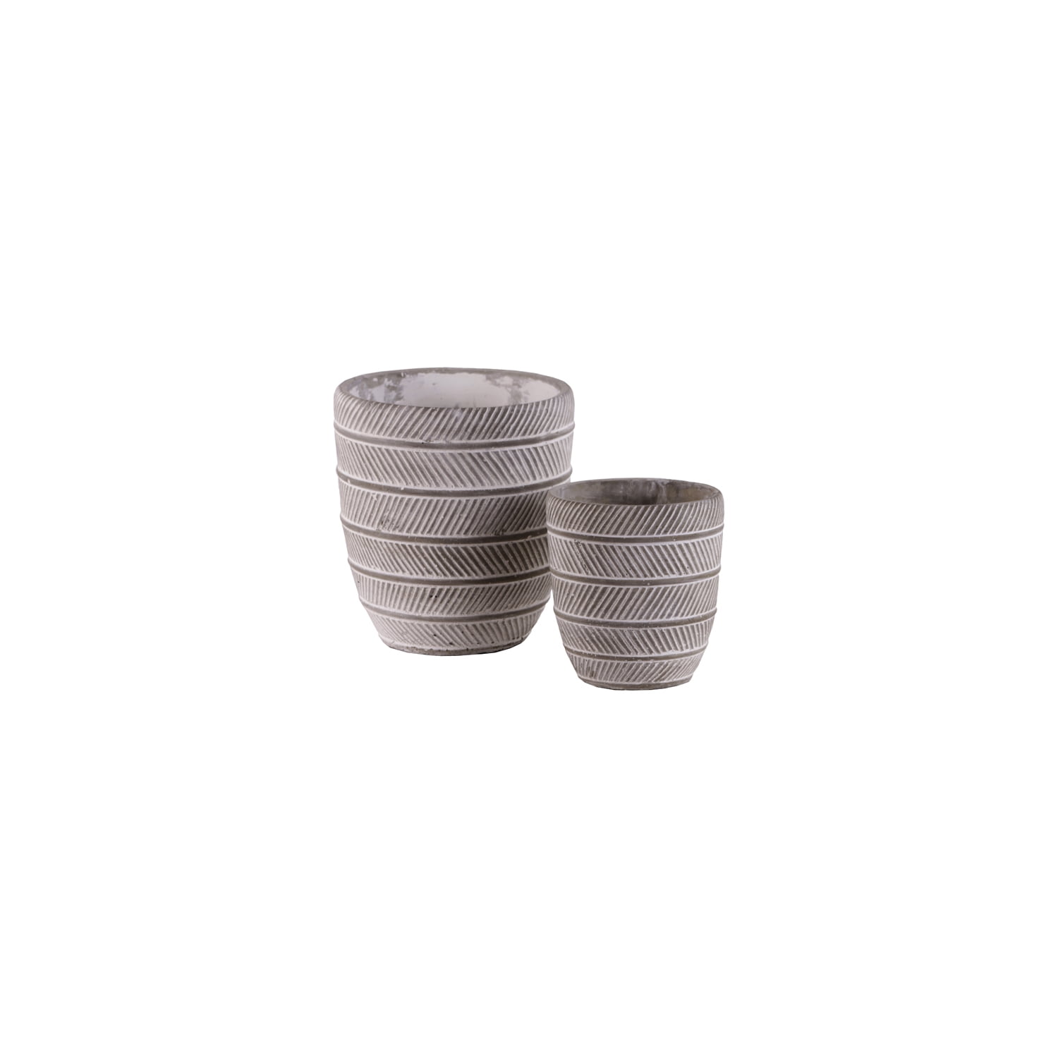 Washed Cement Round Planter Pots with Parallel Lines Design - Set of 2