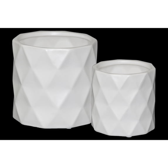 Urban Trends Ceramic Cylindrical Pot with Wide Mouth and Embossed Diamond Design Body Set of Two Matte Finish White