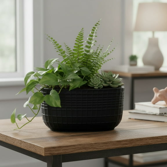 Jewel Ceramic Low Oval Pot with Embossed Lattice Design