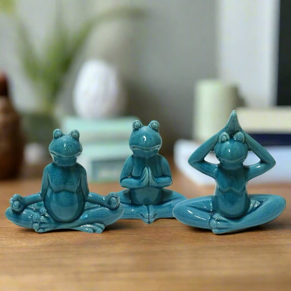 Urban Trends Ceramic Meditating Frog Figurine in Assorted Yoga Position Assortment of Three Distressed Gloss Finish Blue