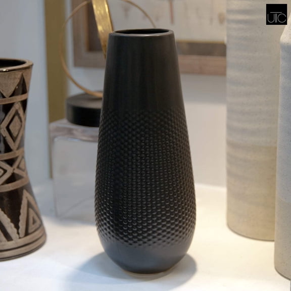 Jax Embossed Dot Ceramic Vase, Textured Decorative Vase for Living Room, Bedroom & Shelf Décor (Size-5.00"x14.50"H, Black)