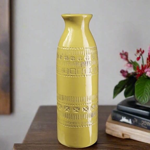 Urban Trends Ceramic Decorative Vase Trumpet Mouth and Double Banded Tribal Design, Decor Center Piece for Home Décor for Living Room, Table, Office Décor, Yellow- 4.50"x14.00"H