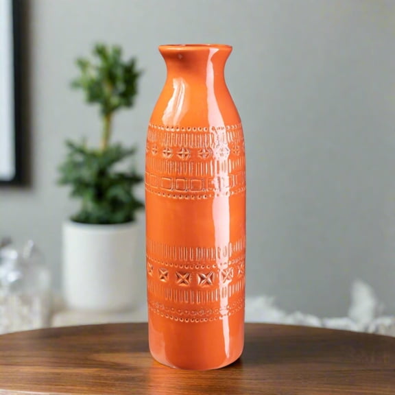 Urban Trends Ceramic Decorative Vase Trumpet Mouth and Double Banded Tribal Design, Decor Center Piece for Home Décor for Living Room, Table, Office Décor, Orange 4.50"x14.00"H