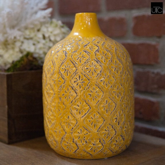 Faryn Distressed Diamond Pattern Vase – Decorative Ceramic Flower Vase for Home, Table, and Living Room Décor (Size- 5.25 x 5.25 x 8 , Orange)