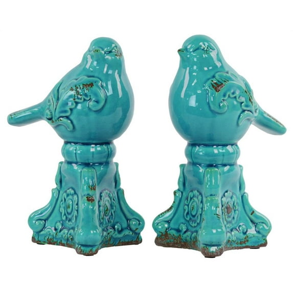 Urban Trends Collection 10877-AST Ceramic Bird Figurine On Tripod Pedestal Assortment Of Two Distressed Gloss - Blue