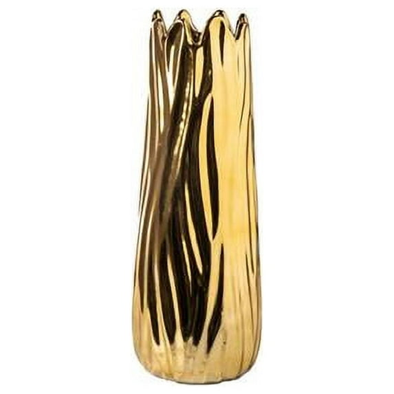 Urban Trends Collection 15122 Ceramic Tall Round Vase with Uneven Rim Mouth & Debossed Abstract Free Form Design Body, Gloss Gold - Small