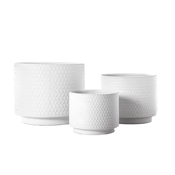 Urban Trends Collection 15213 Ceramic Round Pot with Weave Pattern Design Body on Flat Base, Matte White - Set of 3
