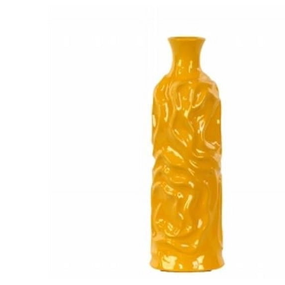 Urban Trends Collection 24458 Ceramic Round Cylindrical Vase With Neck & Wrinkled Sides- Small - Yellow