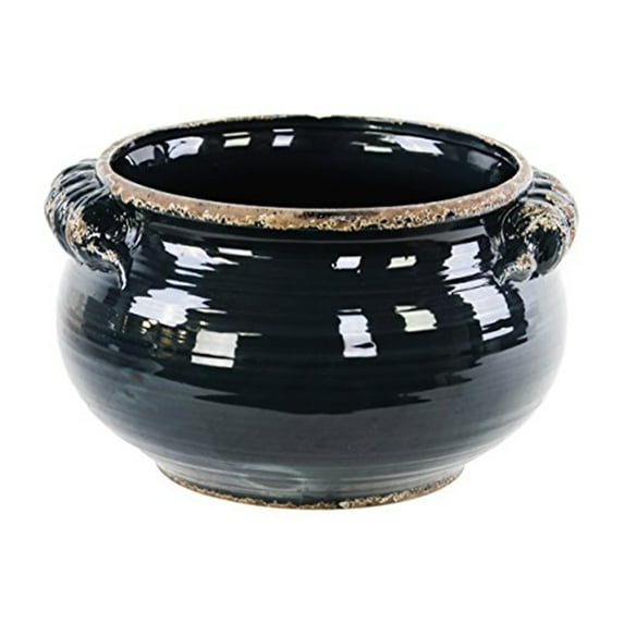 Urban Trends Collection 31807 Ceramic Wide Round Bellied Tuscan Pot with Handles - Distressed Gloss Midnight Blue- Large