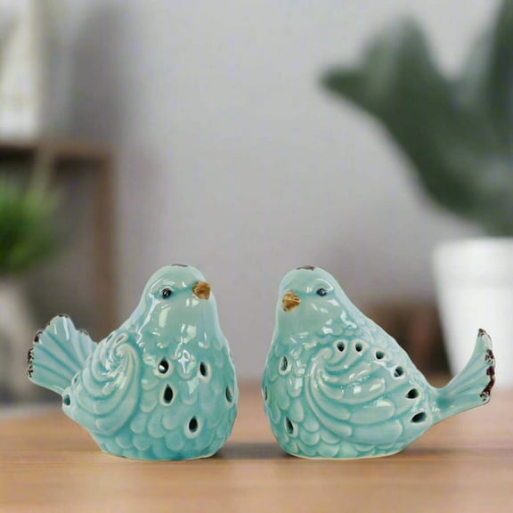 UTC12900-AST Porcelain Bird Figurine with Cutout Design Assortment of Two Distressed Gloss Finish Sky Blue
