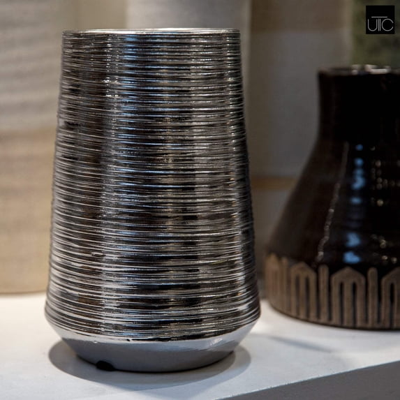 Lynde Combed Electroplated Metallic Vase, Decorative Modern Flower Vase for Home Décor, Living Room & Tabletop (Size- 5.00" D × 5.00" W × 7.50" H, silver)