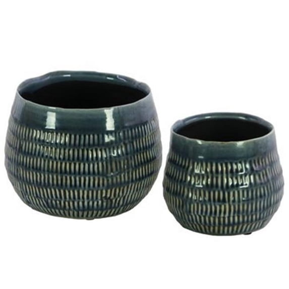 Ceramic Short Bellied Round Vase Set of Two Gloss Finish Blue