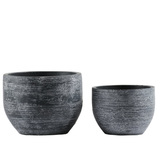 Urban Trends Collection 53830 Cement Low Round Pot with Tapered Bottom, Combed Finish, Dark Gray - Set of 2