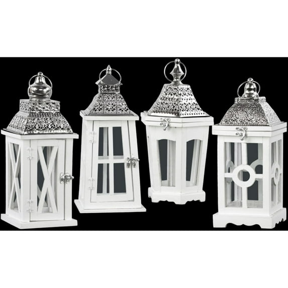 Urban Trends Collection 94641-AST Wood Square Lantern with Silver Pierced Metal Top, White - Assortment of 4
