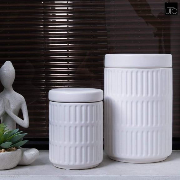 {Yvelle White Ceramic Canister Set, Kitchen Counter Storage Containers for Sugar, Coffee, Tea & Snacks, Decorative Food Storage Jars, Set of 2}