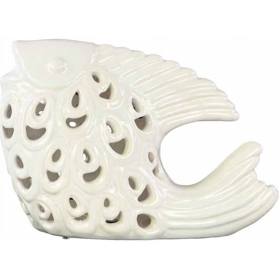Ceramic Fish Figurine Looking Up with Cutout Design Gloss Finish White