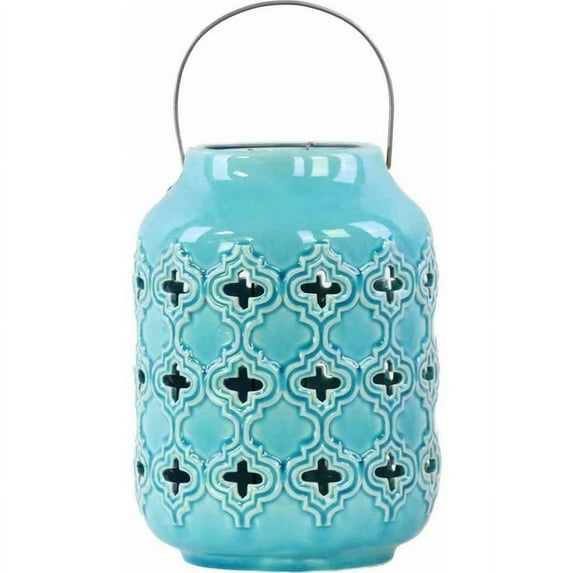 Ceramic Cylindrical Lantern with Cutout Walls and Metal Handle Gloss Finish Light Blue