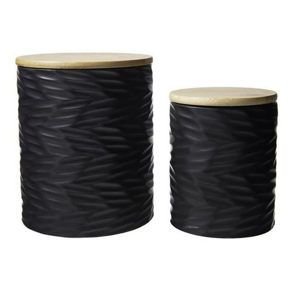 Urban Trends Collection Ceramic Round Canister with Bamboo Lid & Engraved Pattern Design Body, Matte White - Set of 2