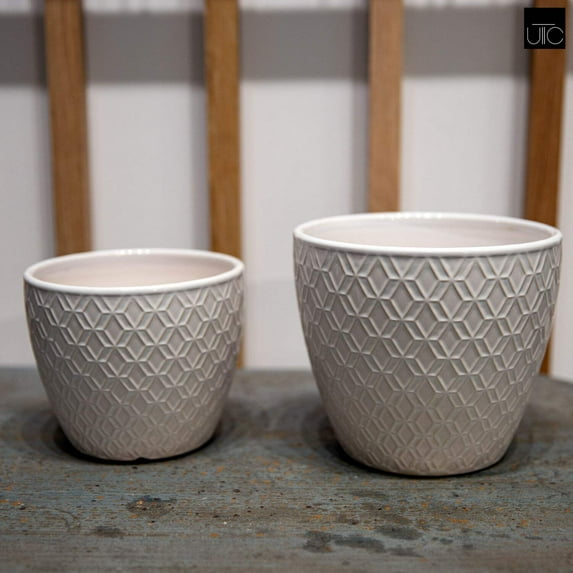 Urban Trends Collection Ceramic Round Pot with Embossed Cross Design Body & Tapered Bottom, White - Set of 2