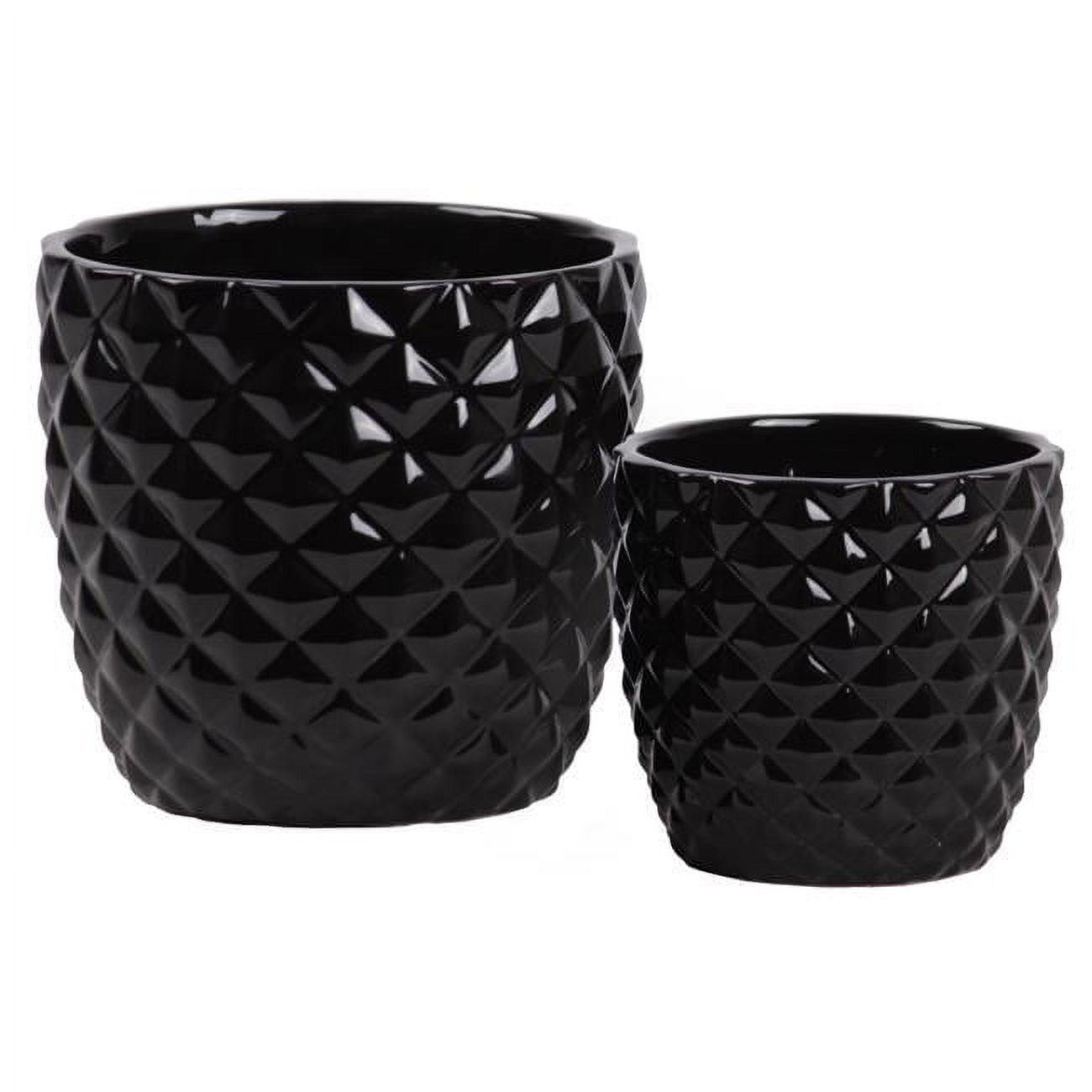 Urban Trends Collection Ceramic Round Pot with Embossed Diamond Pattern & Tapered Bottom - Gloss & Black - Set of 2