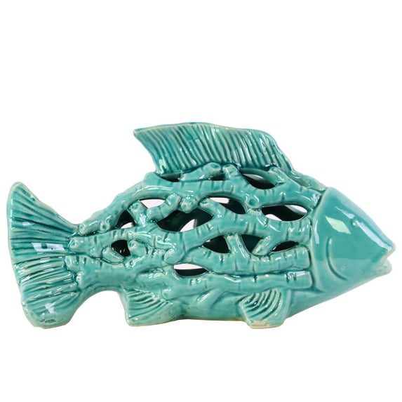 Urban Trends Collection Ceramic Small Fish Figurine with Holes and Coral Side Design Gloss Turquoise