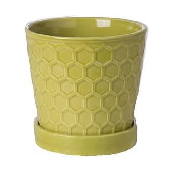 Urban Trends Collection PHW0026 Ceramic Round Pot with Drainage Hole, Removable Bottom Base & Embossed Honeycomb Pattern Design Body, Gloss Green