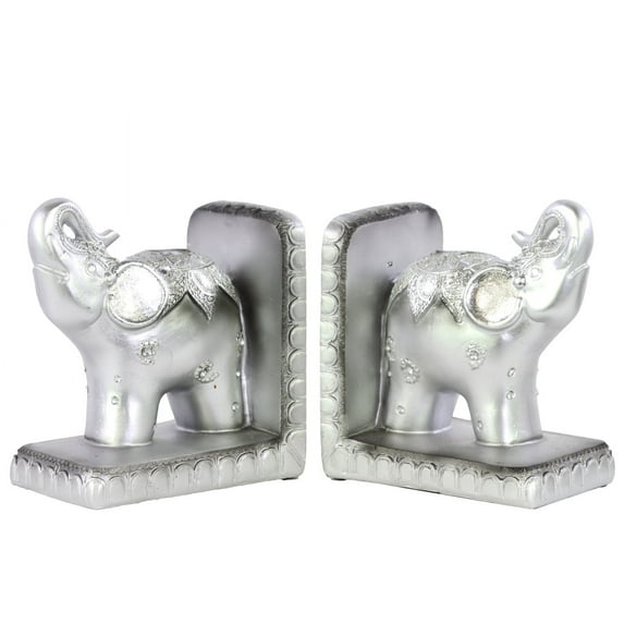 Urban Trends Collection 24834-AST Resin Standing Trumpeting Elephant With Silver Blanket Bookend On Silver Base - Silver