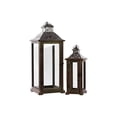thumbnail image 1 of Wood Square Lantern with Silver Pierced Metal Top, Ring Hanger and Glass Windows Set of Two Stained Wood Finish Brown, 1 of 1