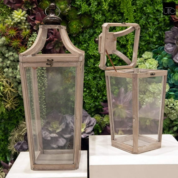 Wood Lantern Natural Finish Brown 29.25"H