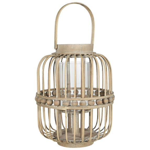 Urban Trends Collection Wood Round Lantern with Top Handle, Vertical Lattice and Middle Beads Design Body and Glass Candle Holder Natural Finish Brown