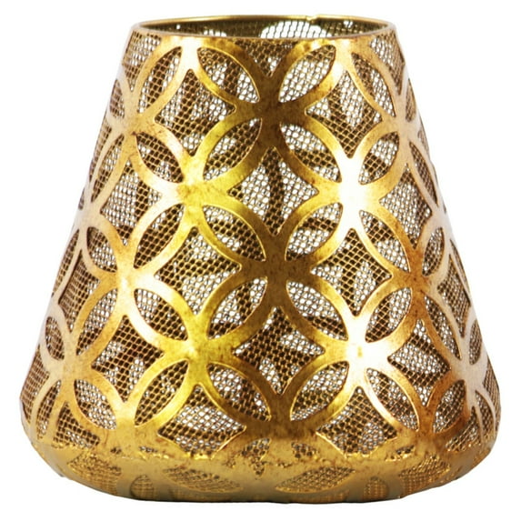 Metal Round Candle Holder with Diamond in Circle Design Body and Bellied Bottom LG Metallic Finish Gold