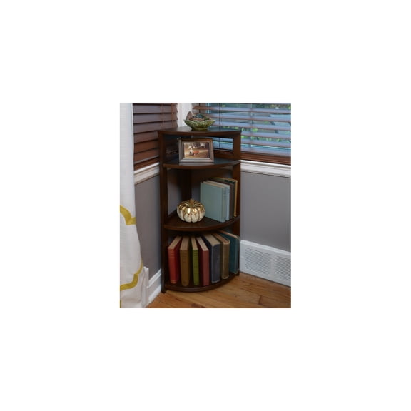 Urban Upmarket 34" High Corner Folding Bookcase in Mocha Walnut Solid Hardwood Mocha Walnut Folding Corner Bookcase with Four Shelves and Stackable Design