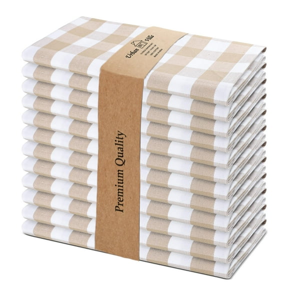 Urban Villa Cotton Dinner Napkins Set of 12, 20x20 Inche Soft Premium Cotton Napkins, Hotel Quality Highly Absorbent, Reusable & Washable Table Dinner Napkins (Camel/White, Buffalo Checks)