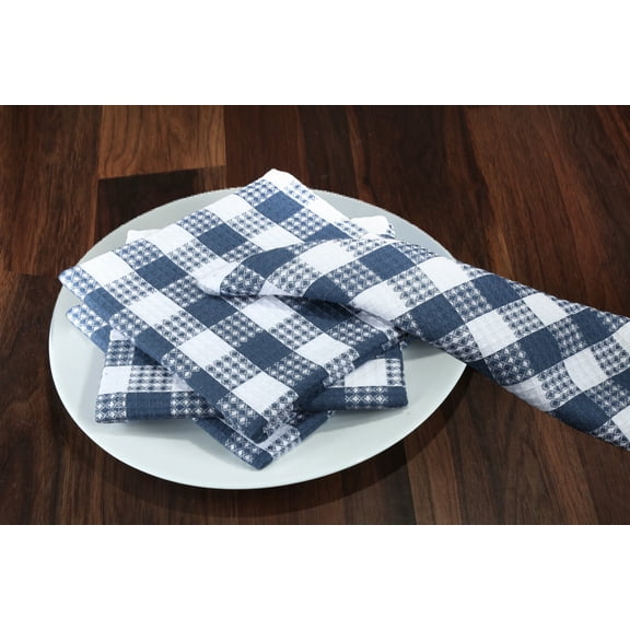 Urban Villa Dish Cloths Waffle Buffalo Check Kitchen Dish Cloths Blue/White Color Set of 4 Quick Drying Dish Cloths Highly Absorbent Cotton Size 12X12 Inches with Mitered Corners Kitchen Dish Towels