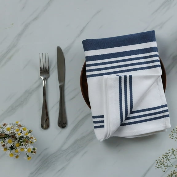 Urban Villa Kitchen Towels 100% Cotton Pack of 3, Highly Absorbent Quick Drying Soft Premium Dish Towels for Kitchen with Hanging Loop Hand & Tea Towels - 20x30 Inch, (Indigo Blue & White, Striped)