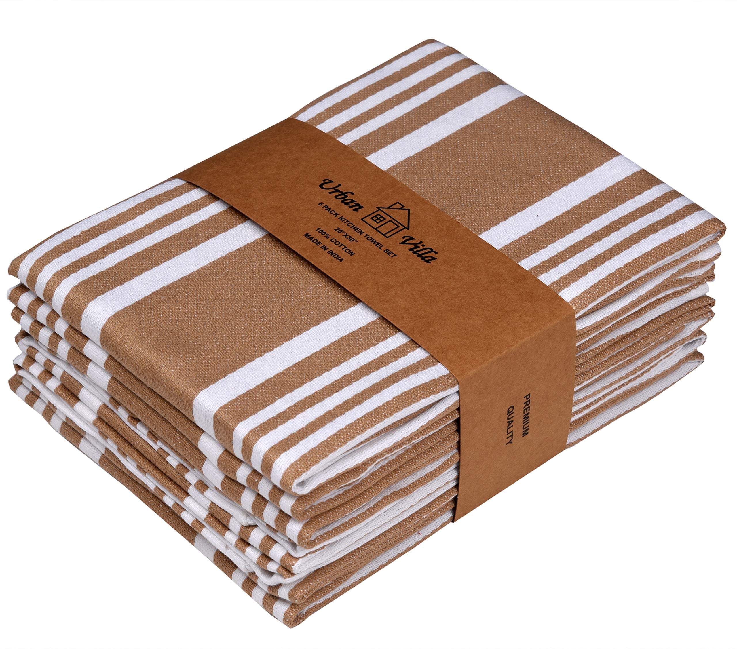Urban Villa Kitchen Towels 100% Cotton Pack of 6, Highly Absorbent Quick Drying Super Soft Premium Dish Towels for Kitchen with Hanging Loop Hand & Tea Towels - 20x30 Inch, (Taupe & White, Striped)