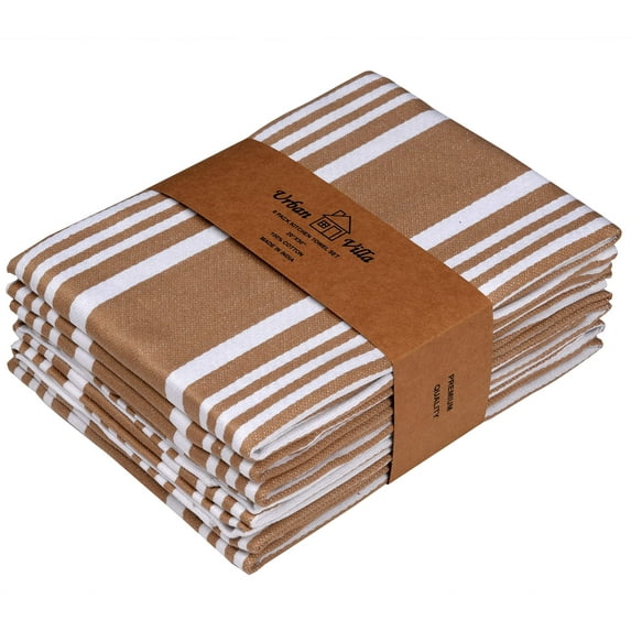 Urban Villa Kitchen Towels 100% Cotton Pack of 6, Highly Absorbent Quick Drying Super Soft Premium Dish Towels for Kitchen with Hanging Loop Hand & Tea Towels - 20x30 Inch, (Taupe & White, Striped)