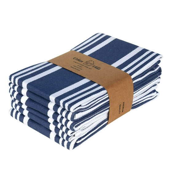 Urban Villa Kitchen Towels 100% Cotton Pack of 6, Highly Absorbent Quick Drying Super Soft Premium Dish Towels for Kitchen with Hanging Loop Hand & Tea Towels - 20x30 Inch, (Blue & White, Striped)