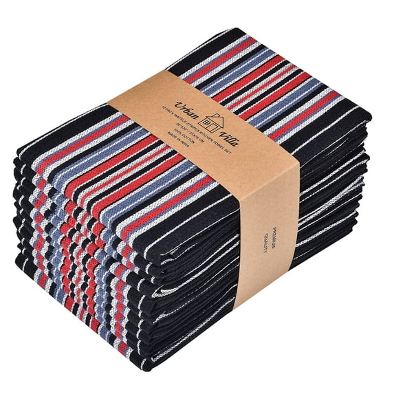 Urban Villa Kitchen Towels,, Cotton Dish Towels, Mitered Corners,Ultra Soft (Size: 20X30 in), Black Waffle Stripes, Absorbent Bar Towels & Tea Towels - (Set of 12)