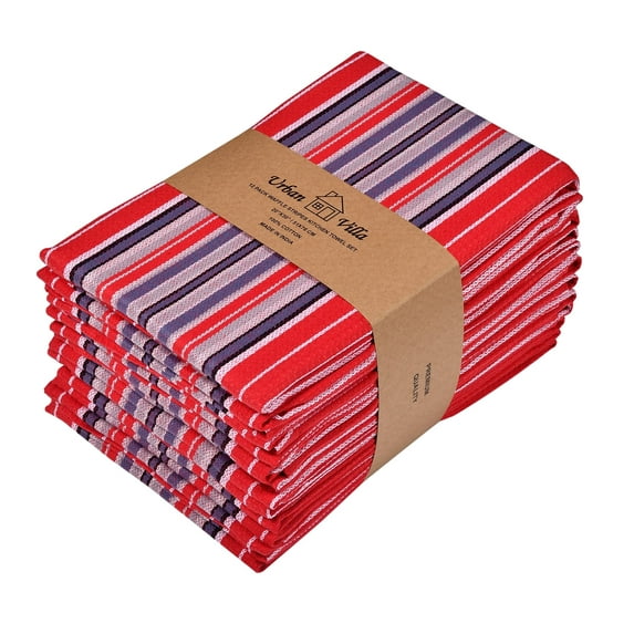 Urban Villa Kitchen Towels,, Cotton Dish Towels,Mitered Corners,Ultra Soft (Size: 20X30 in), Red Waffle Stripes, Absorbent Bar Towels & Tea Towels - (Set of 12)