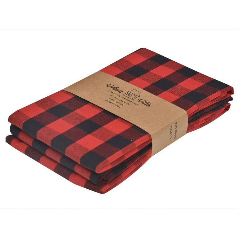 Urban Villa Kitchen Towels Set of 3 Buffalo Checks Red/Black Kitchen Towels  Size 20X30 Inches 100% Cotton Highly Absorbent Kitchen Towels Ultra Soft