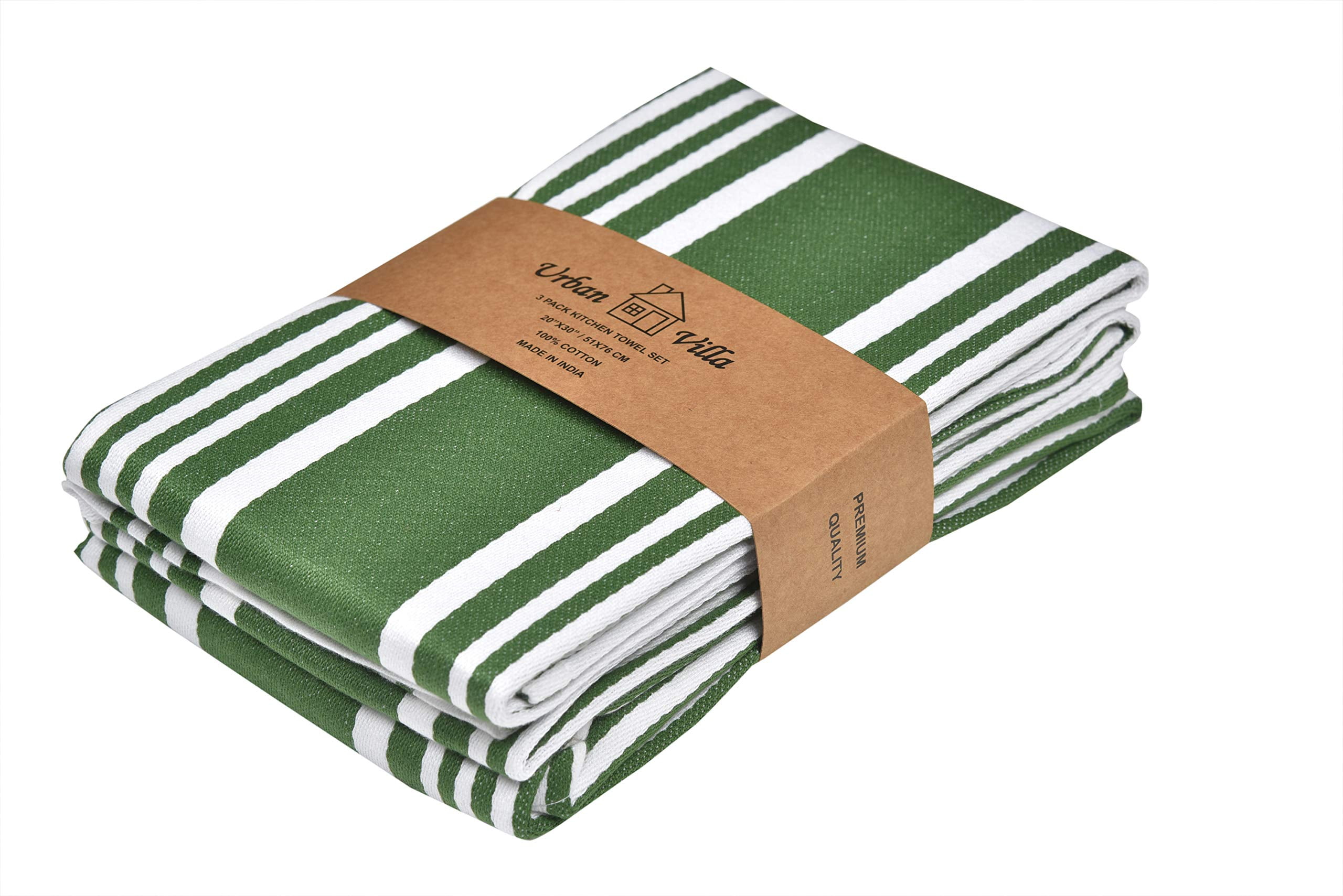 Linen Casa Kitchen Towel – White Stripes on Green