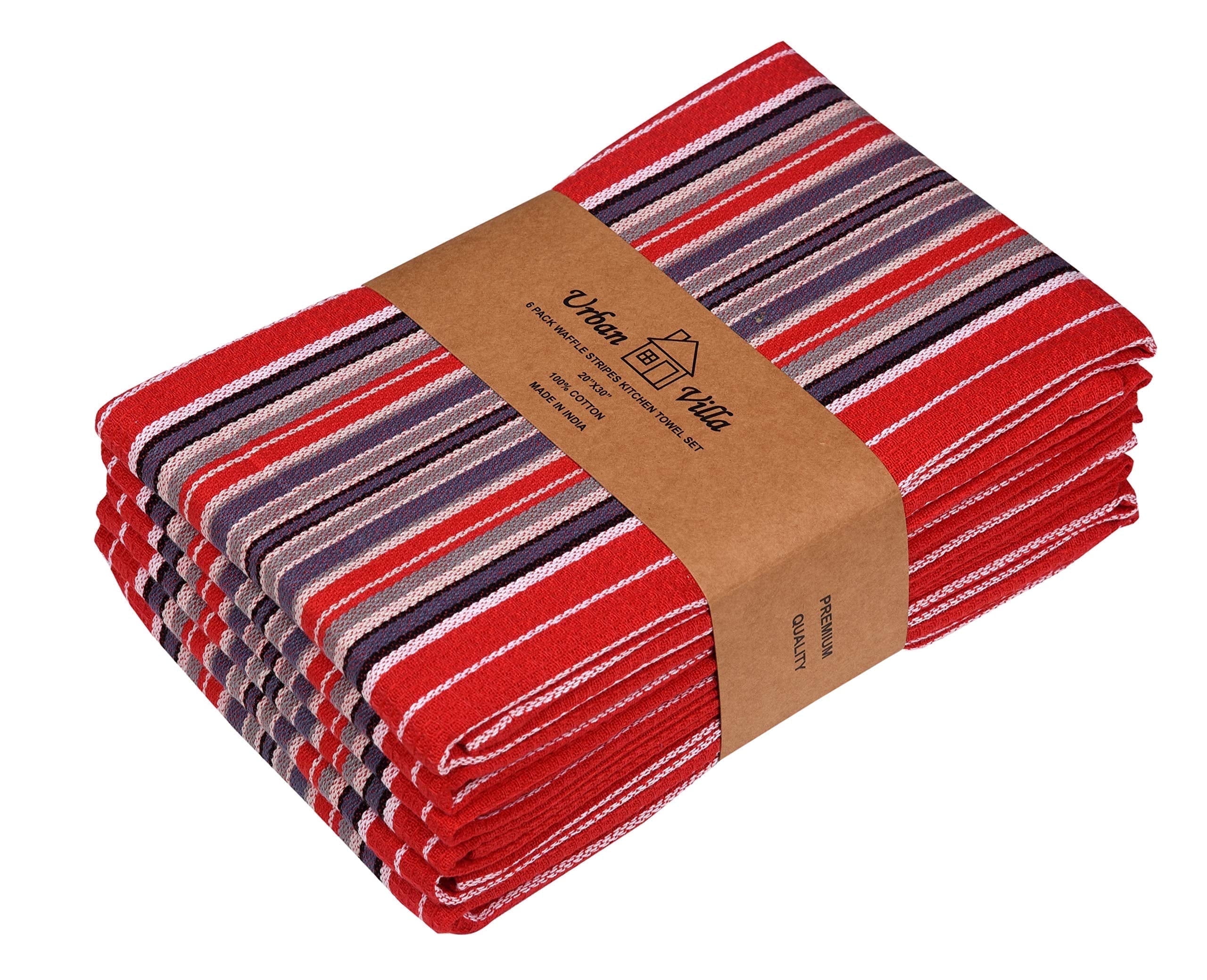 Urban Villa Kitchen Towels Waffle Stripes Dish Towels for Kitchen Cherry Red Set of 6 Kitchen Towels Highly Absorbent Cotton Over Sized 20X30 in with Mitered Corners Kitchen Hand Tea Towels