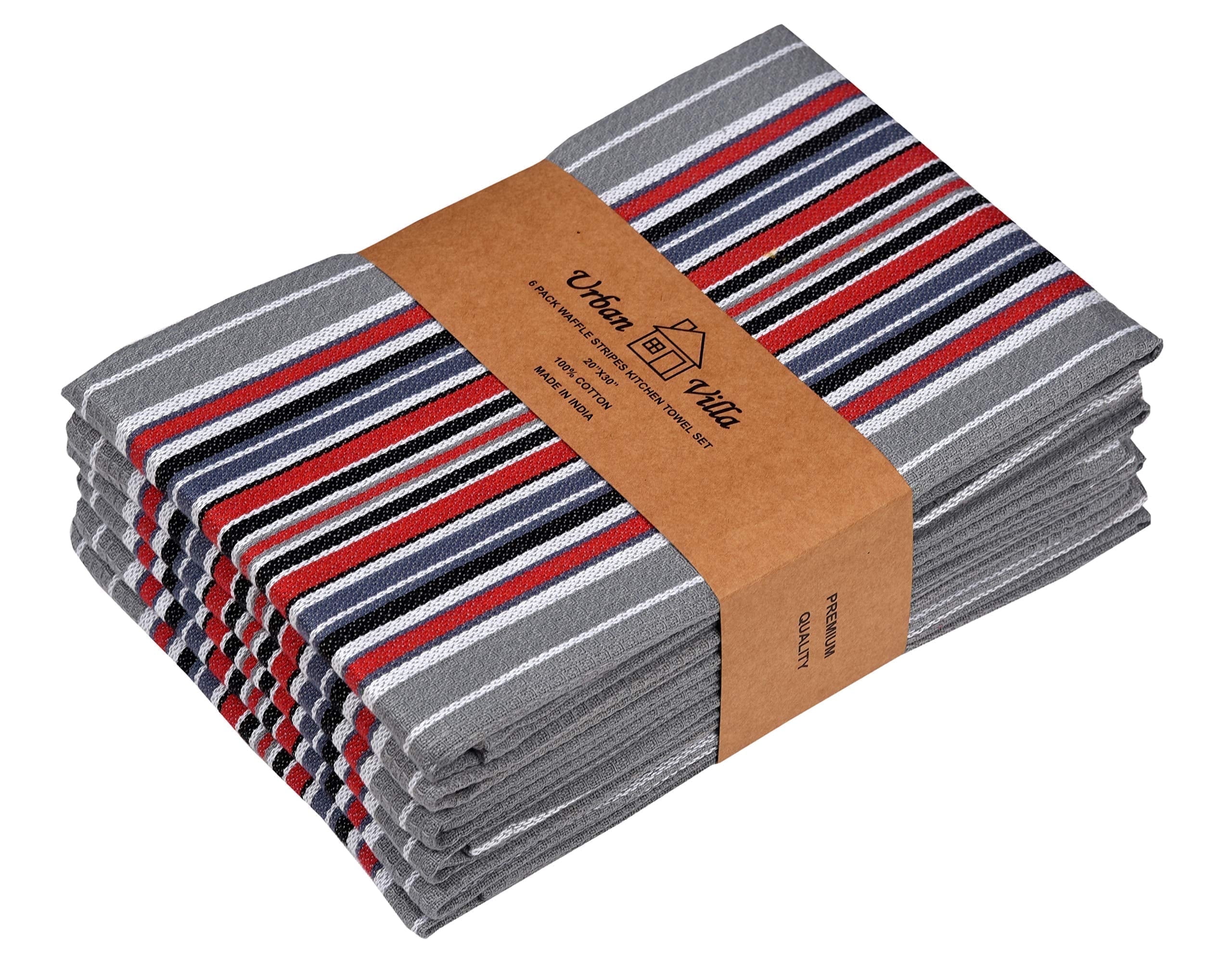 Urban Villa Kitchen Towels Waffle Stripes Dish Towels for Kitchen Grey Color Set of 6 Kitchen Towels Highly Absorbent Cotton Over Sized 20X30 in with Mitered Corners Kitchen Hand Tea Towels