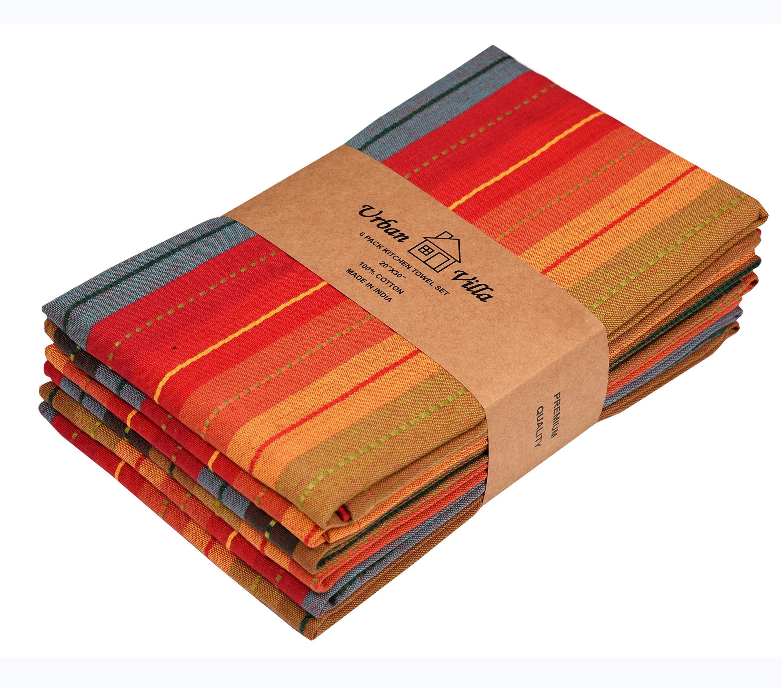 Urban Villa Kitchen Towels set of 6 red multi stripes 100% Cotton