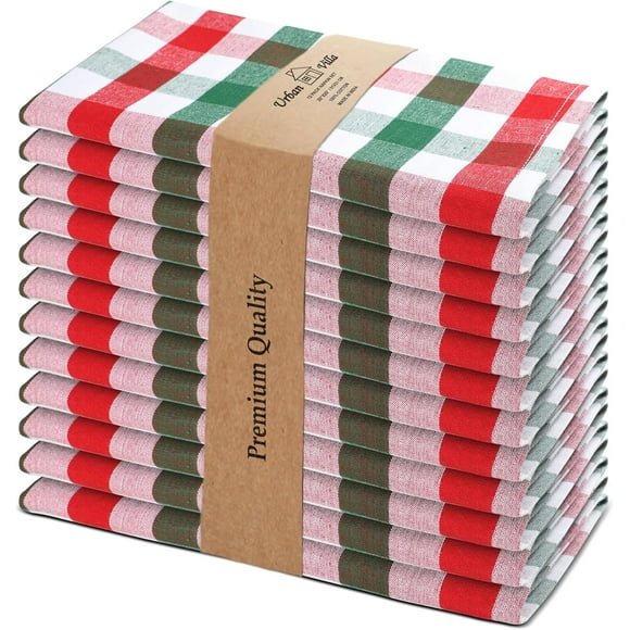 Urban Villa Set of 12 Checkered Dinner Napkins Buffalo Checks Cloth Napkins Red/Green/White Color Checks 100% Cotton Dinner Napkins Size 20x20 Inches Cloth Napkins Hotel Quality Dinner Napkins