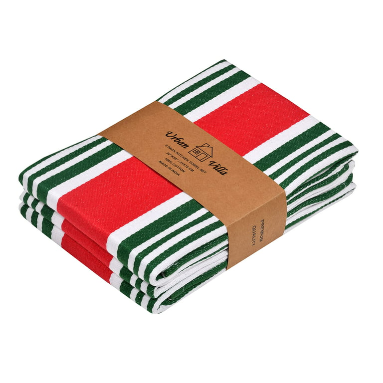 Urban Villa Set of 3 Kitchen Towels Highly Absorbent 100% Cotton Dish Towel  20X30 inch with Mitered Corners Trendy Stripes Red Green White Christmas